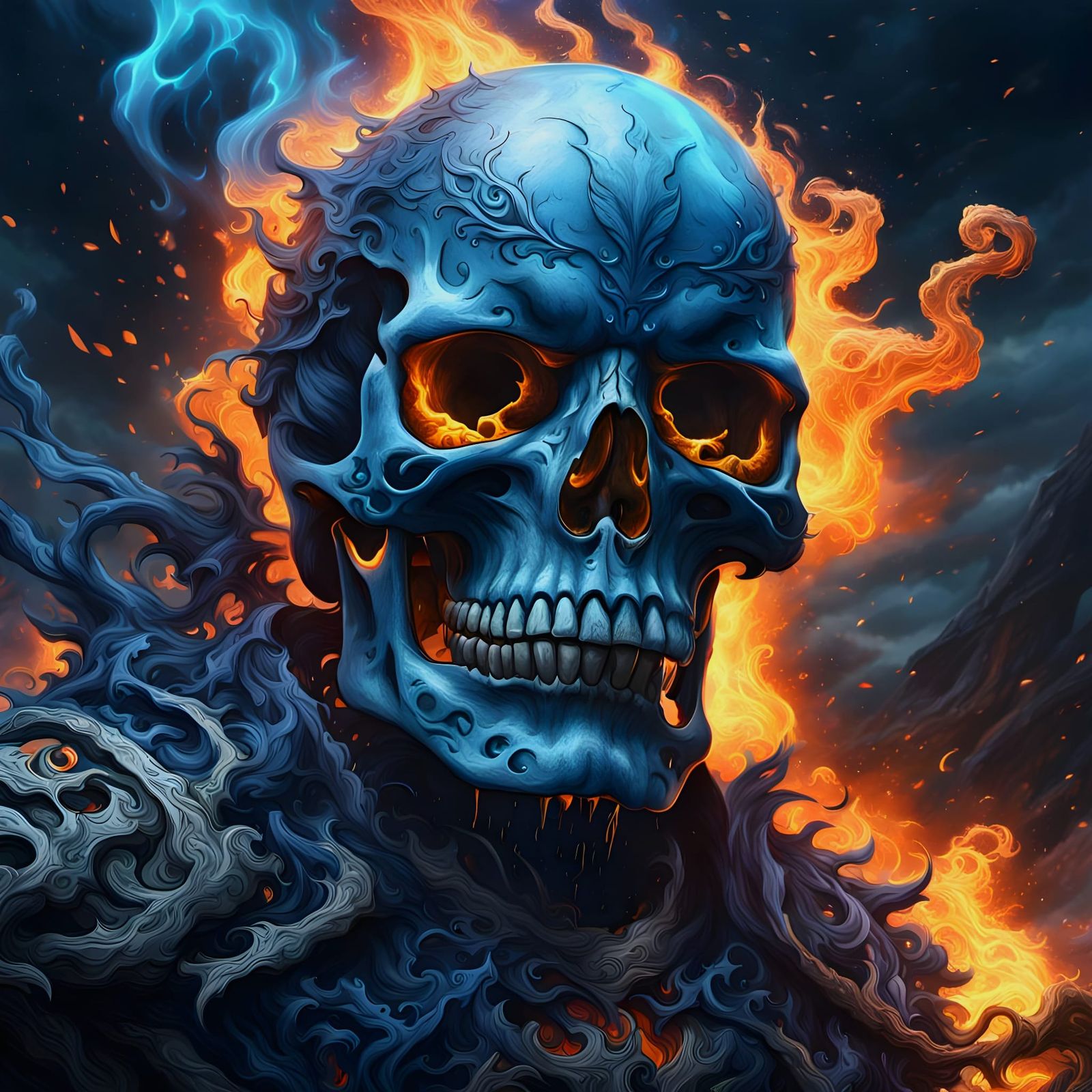 Blue Flaming Skull in Thunderstorm, Detailed Matte Painting