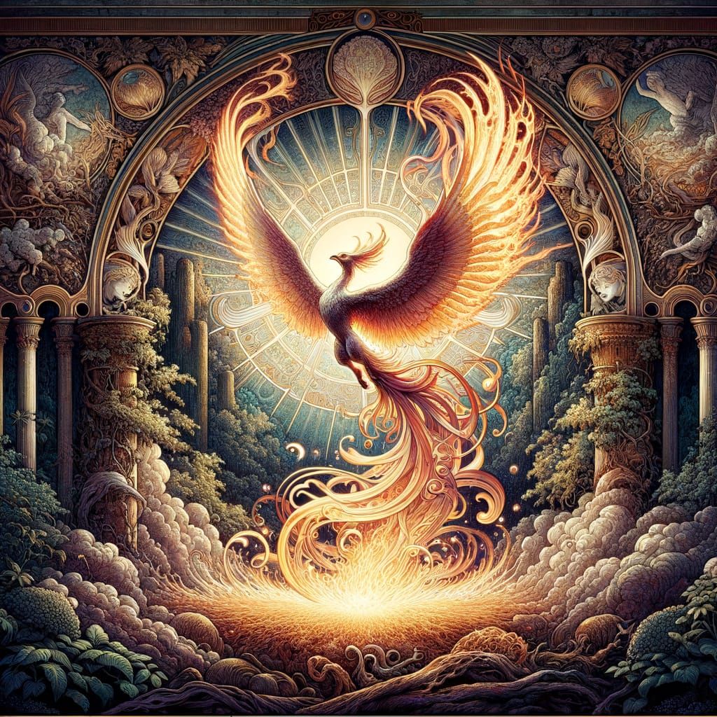 Art Nouveau Phoenix Rises From Ashes in Lush Garden