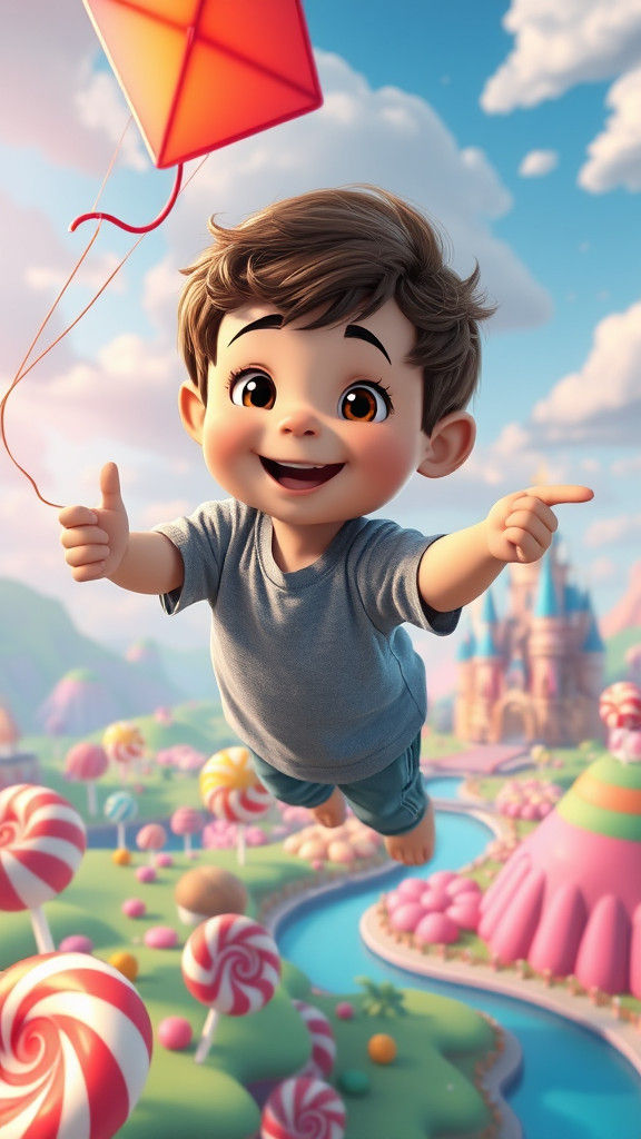 Toddler Flying Over Candy Land: 3D Cartoon