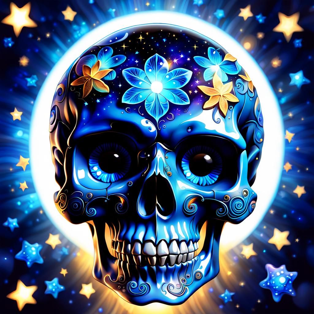 Blue Galaxy Sugar Skull with Sparkling Bokeh