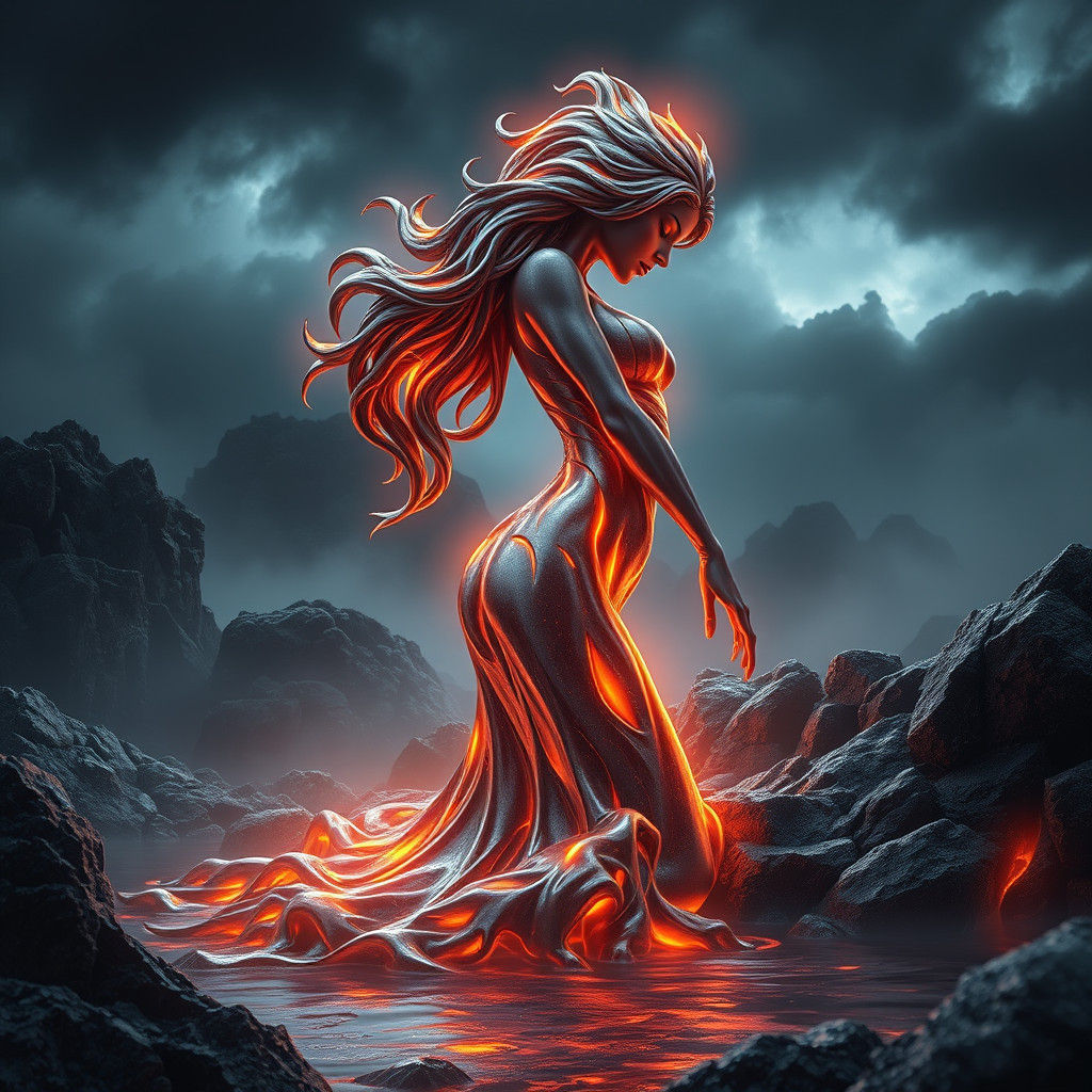 Molten Metal Woman in Dark Fantasy Landscape