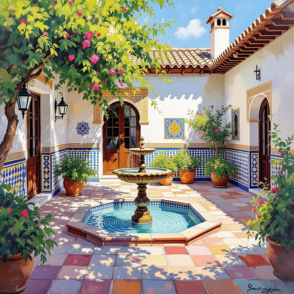 Andalusian Patio in Expressive Gouache Style