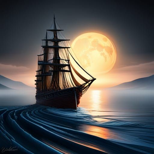 Ship Engraved on Marble Slab in Moonlight