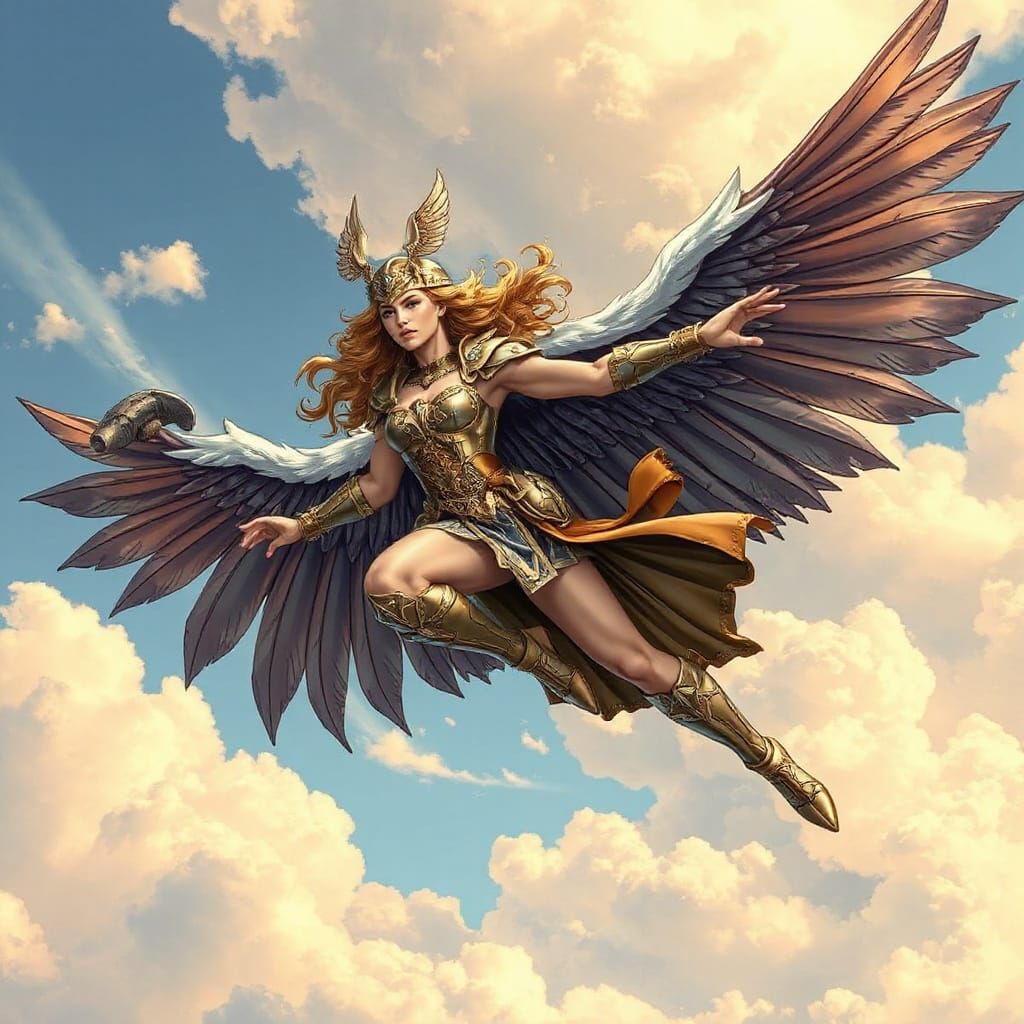 Valkyrie Soaring with Magnificent Wings in Comic Art Style