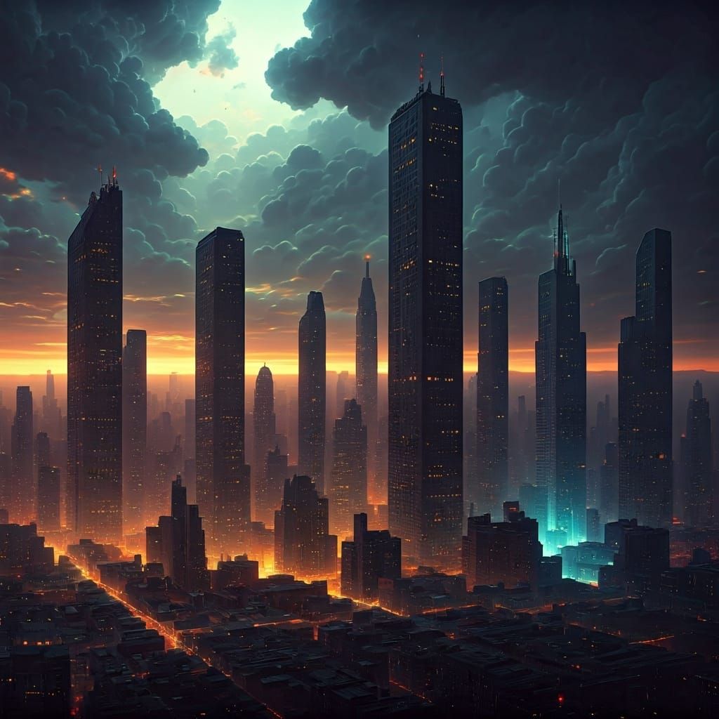 Futuristic Metropolis Under Cloudy Cyberpunk Sky
