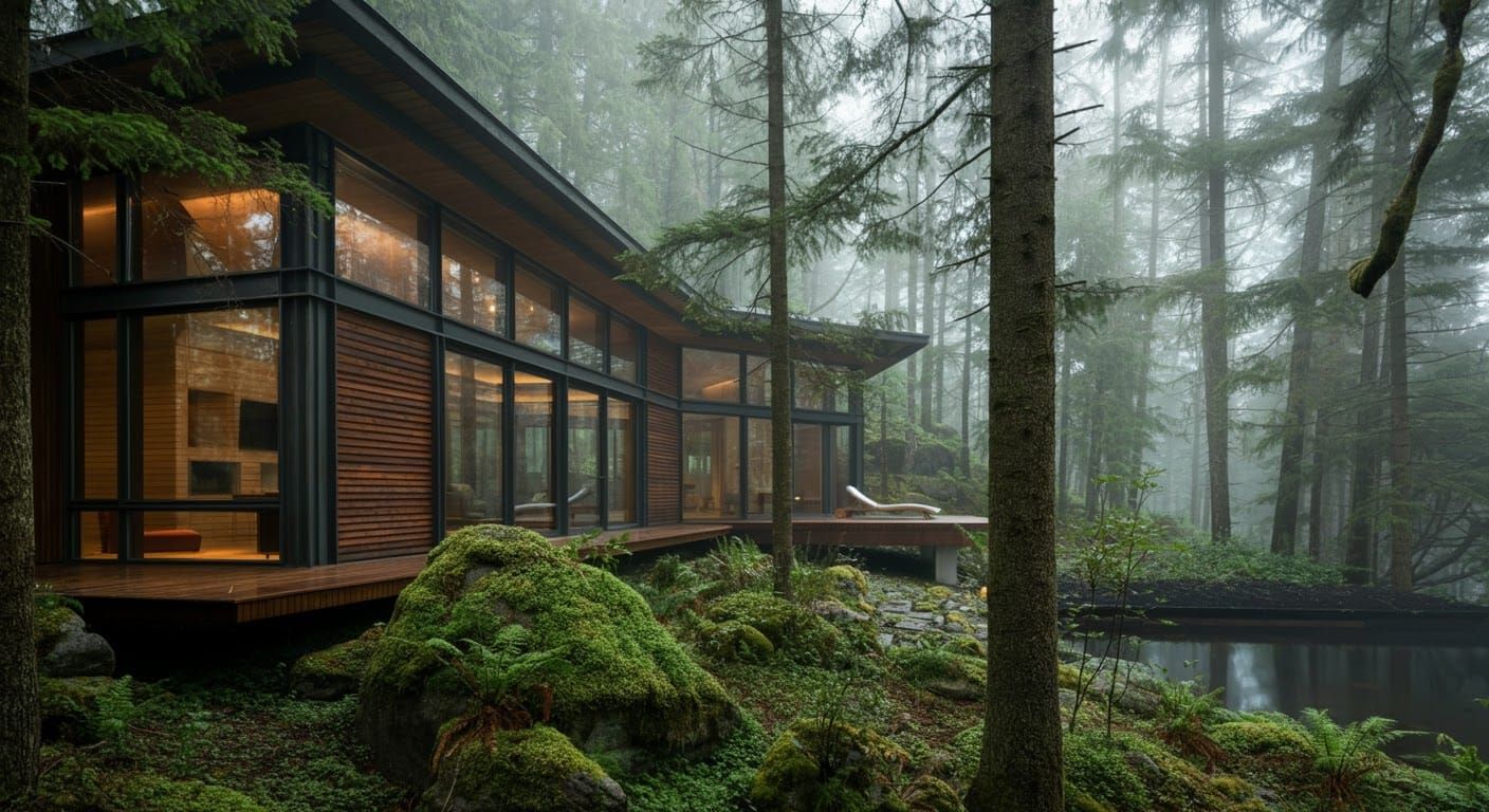 Modern House in Misty Forest Photo