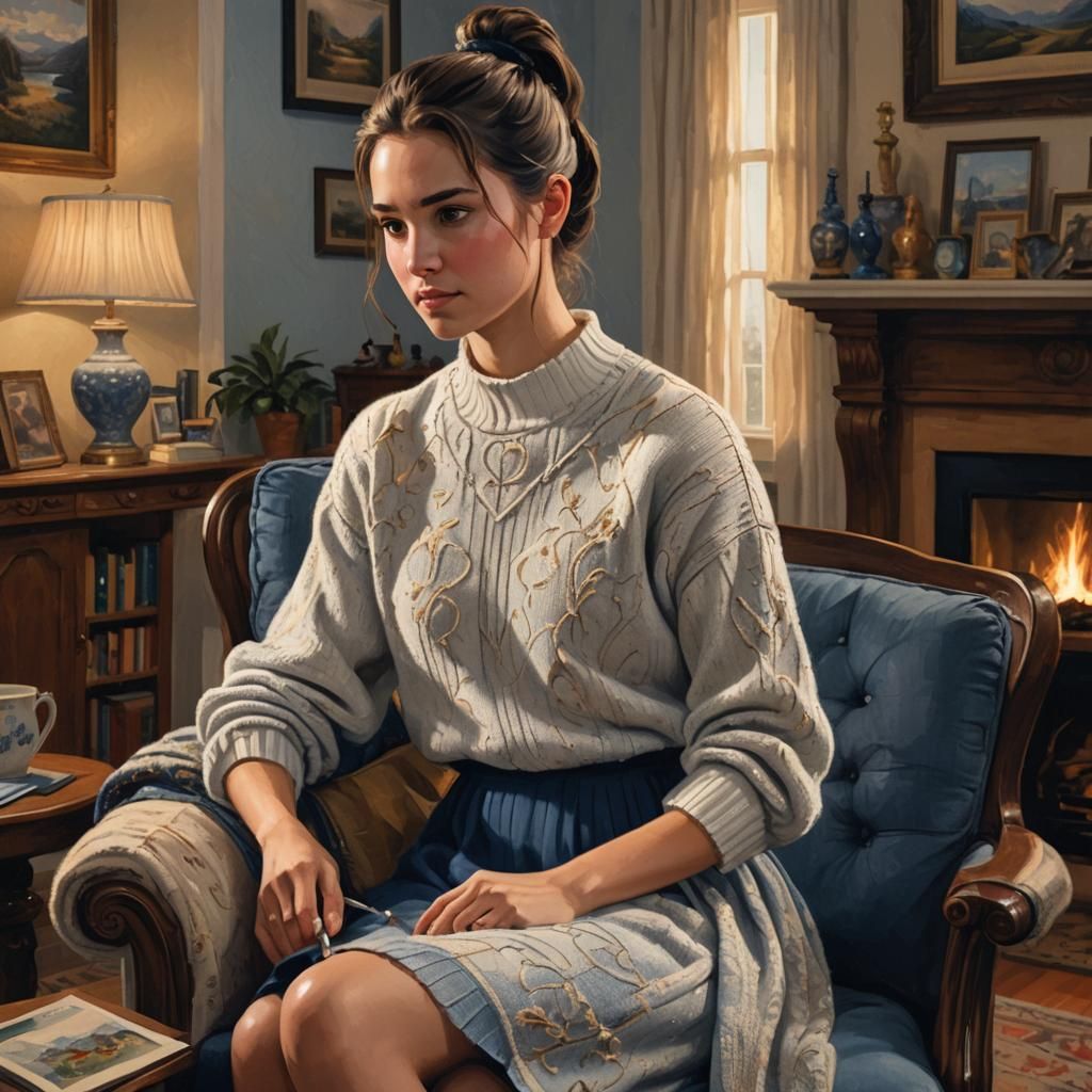 Nancy Practicing Needlepoint in Cozy Living Room