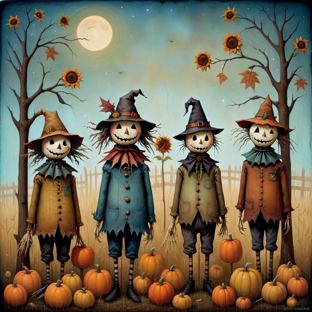 Surreal Scarecrow Friends in Folk Art Style