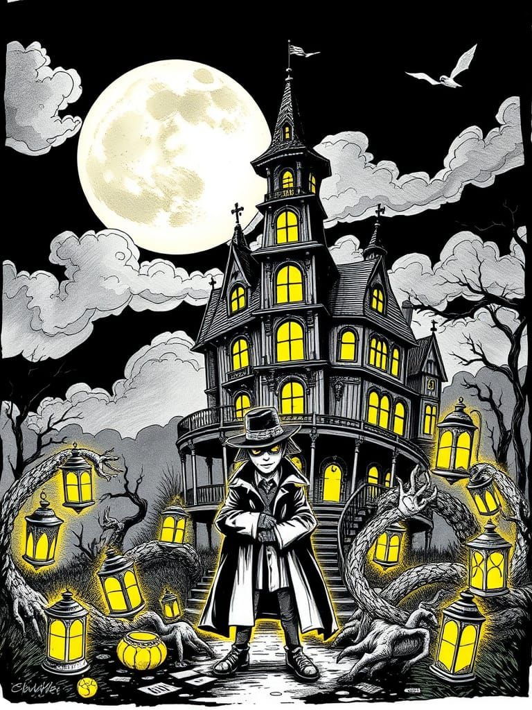 Mansion Mystery Unfolds in Whimsical Ink Drawing