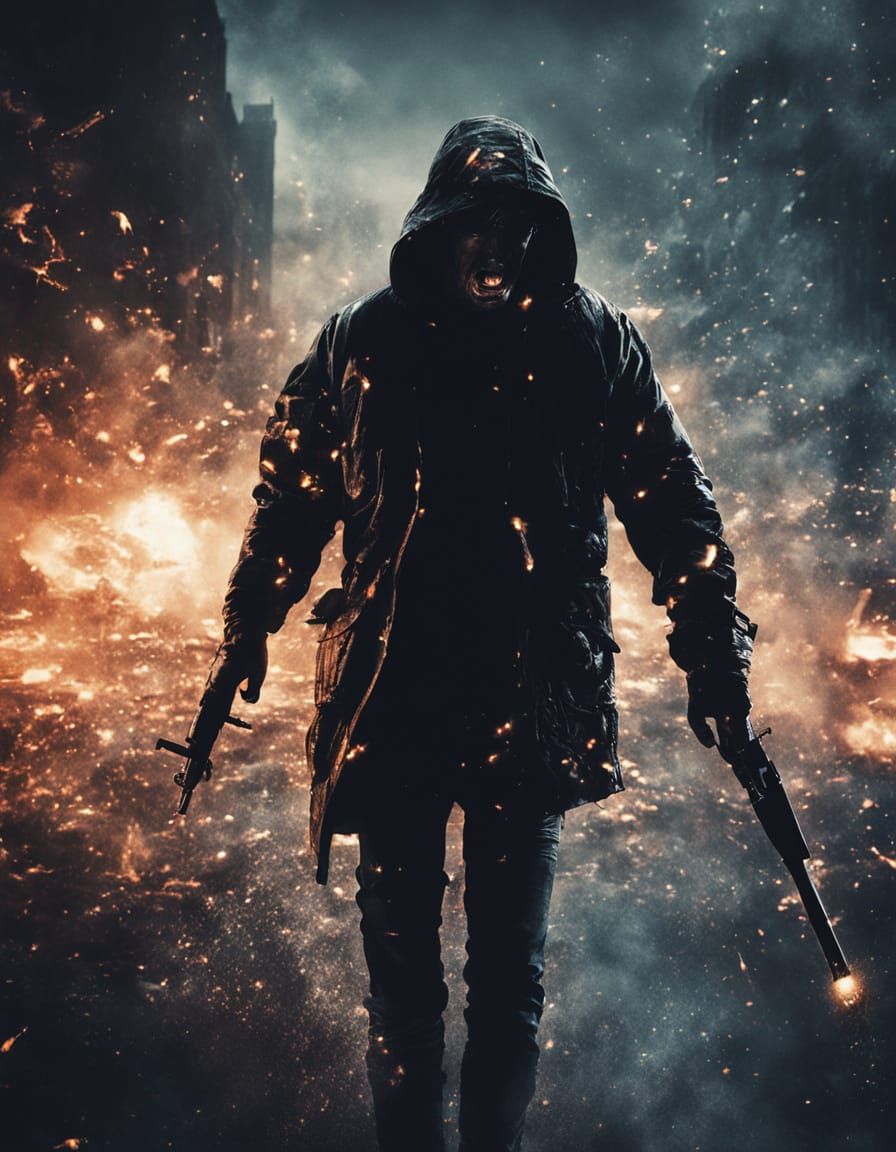 Intense Assassin Gaze: Neon City Rooftop Thriller Poster