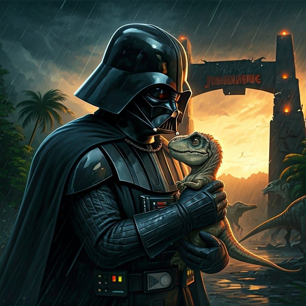 Darth Vader Tenderly Holds Baby T-Rex in Post-Apocalyptic La...