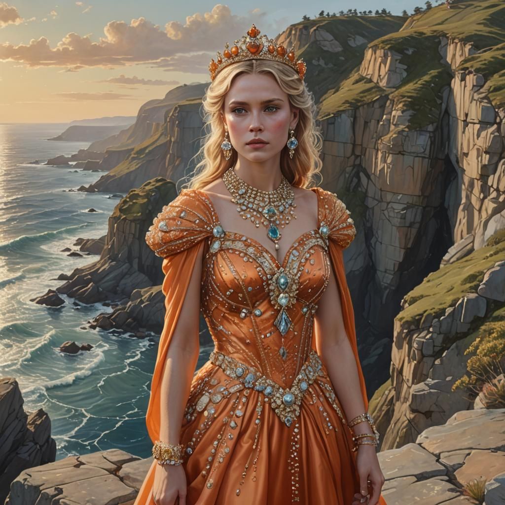 Woman in Orange Gown Overlooking the Ocean