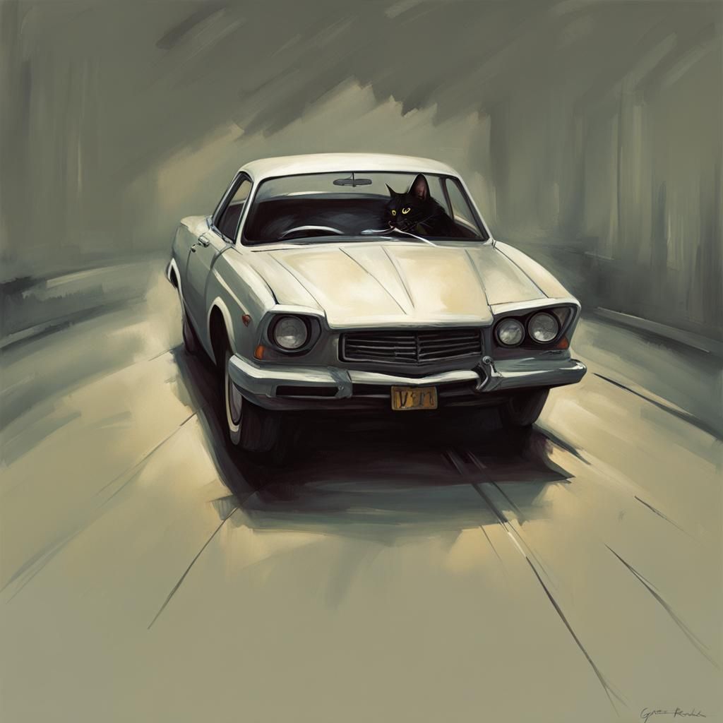 Sinister Cat-Human Hybrid in Car, Fantasy Art