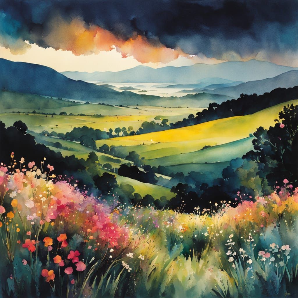 Lush Mountain Valley in Watercolor and Ink