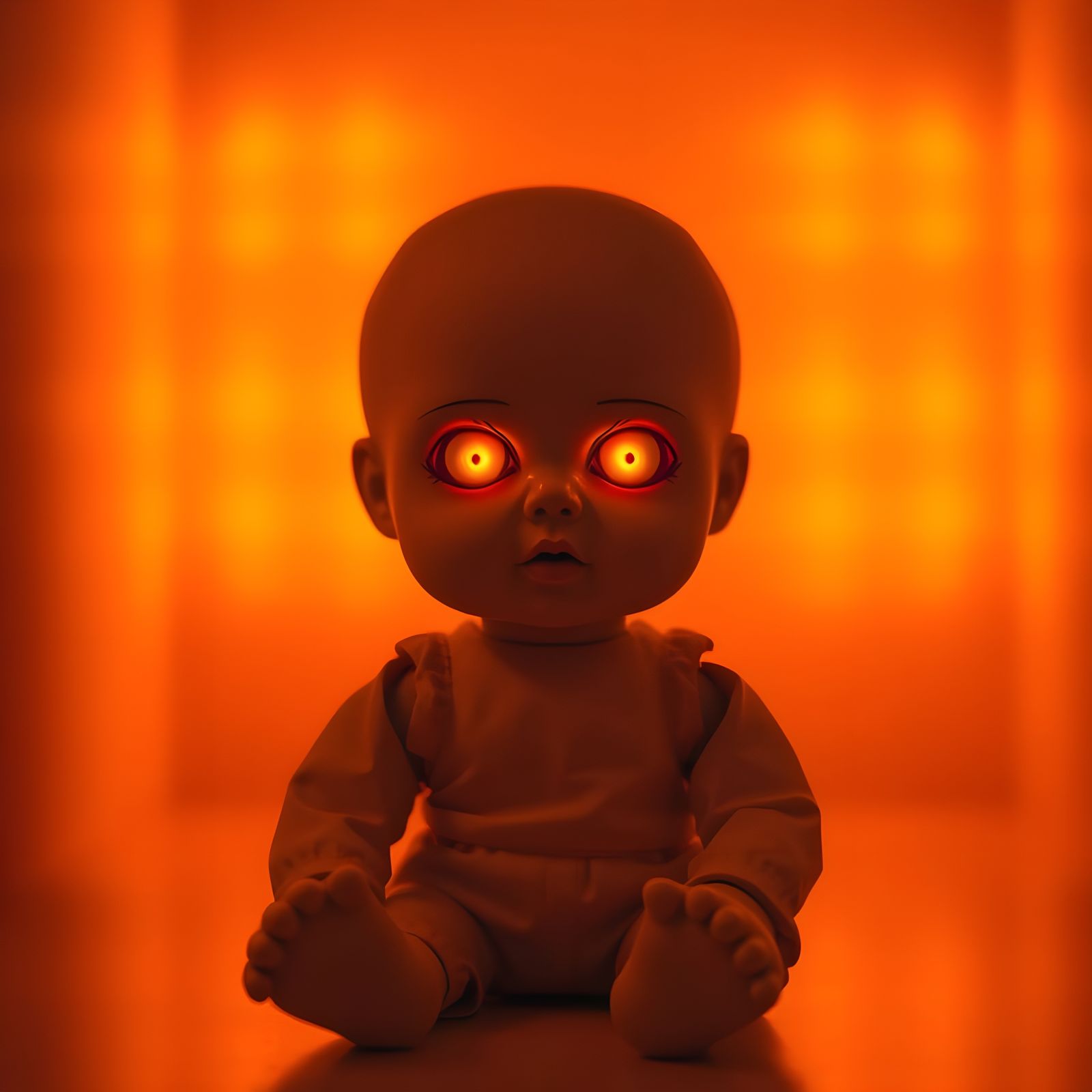 Vintage Doll With Orange Glowing Eyes in Orange Room