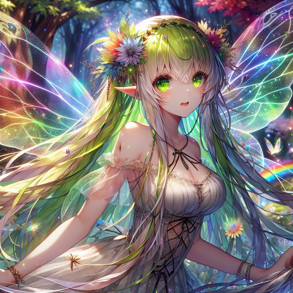 Anime Fairy Girl in Rainbow Forest Concept Art