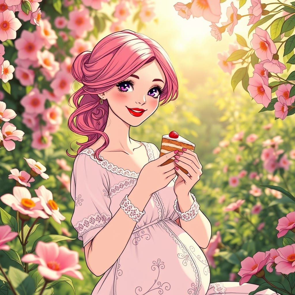 Elegant Woman Savoring Cake in a Whimsical Garden Scene
