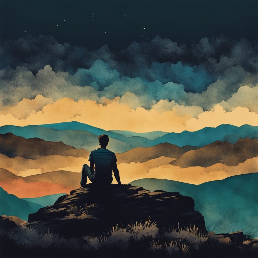 Young Man on Rocks in Vintage Ink Painting