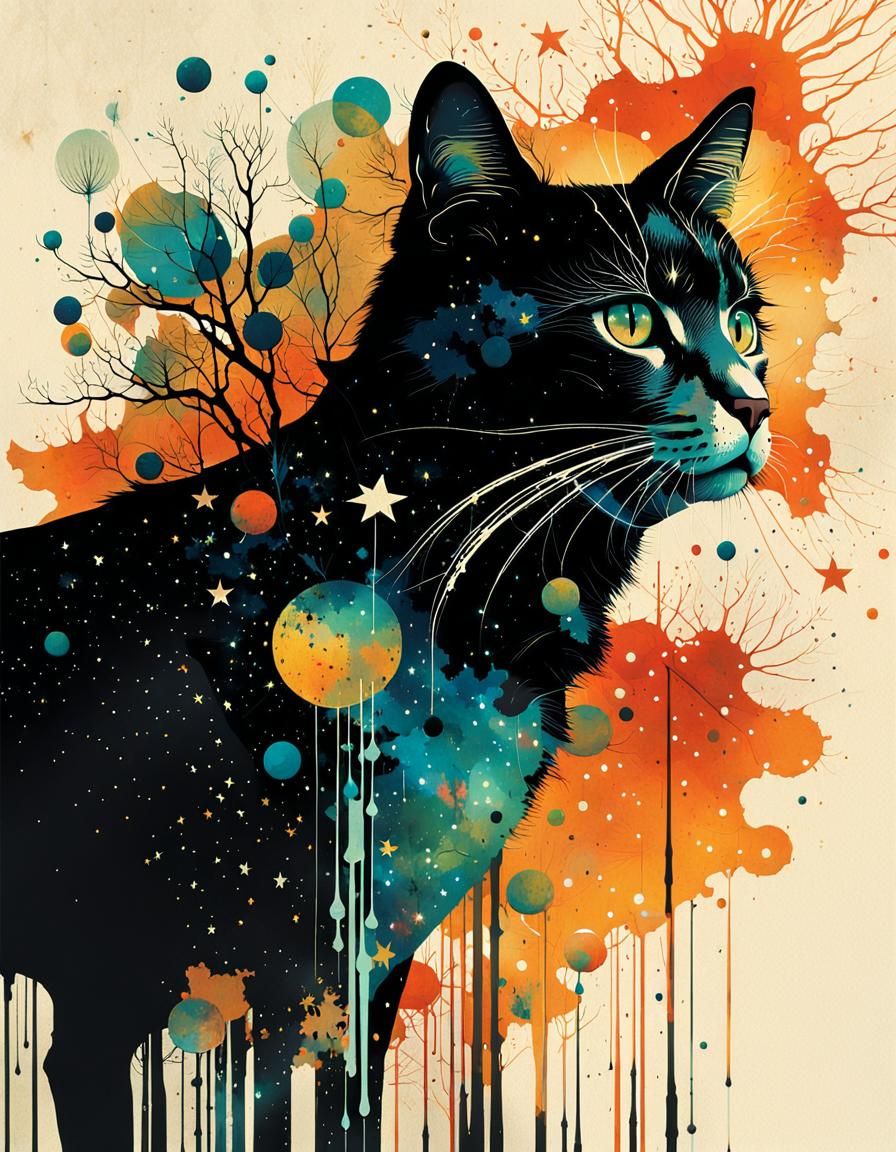Galactic Cat Silhouette in Maximalist Style