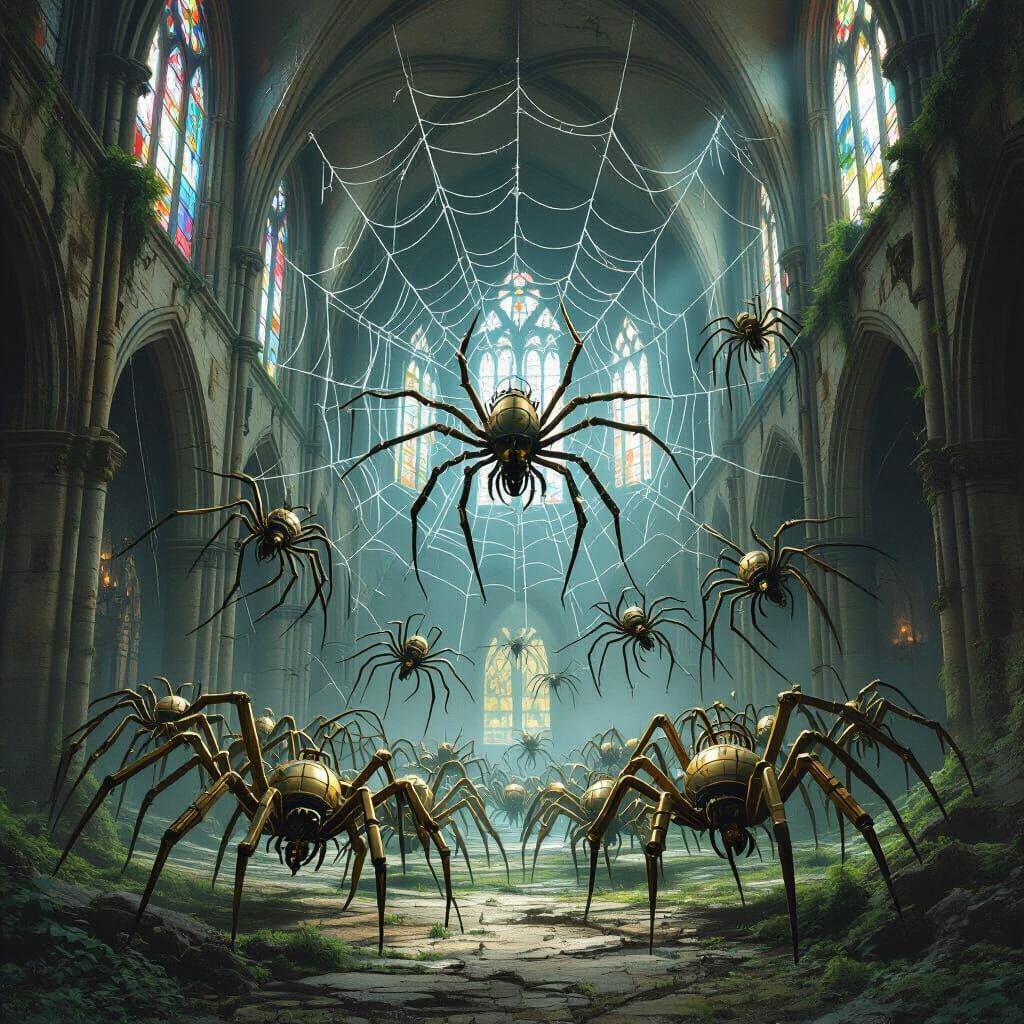 Clockwork Spiders Weaving Web in Grand Cathedral