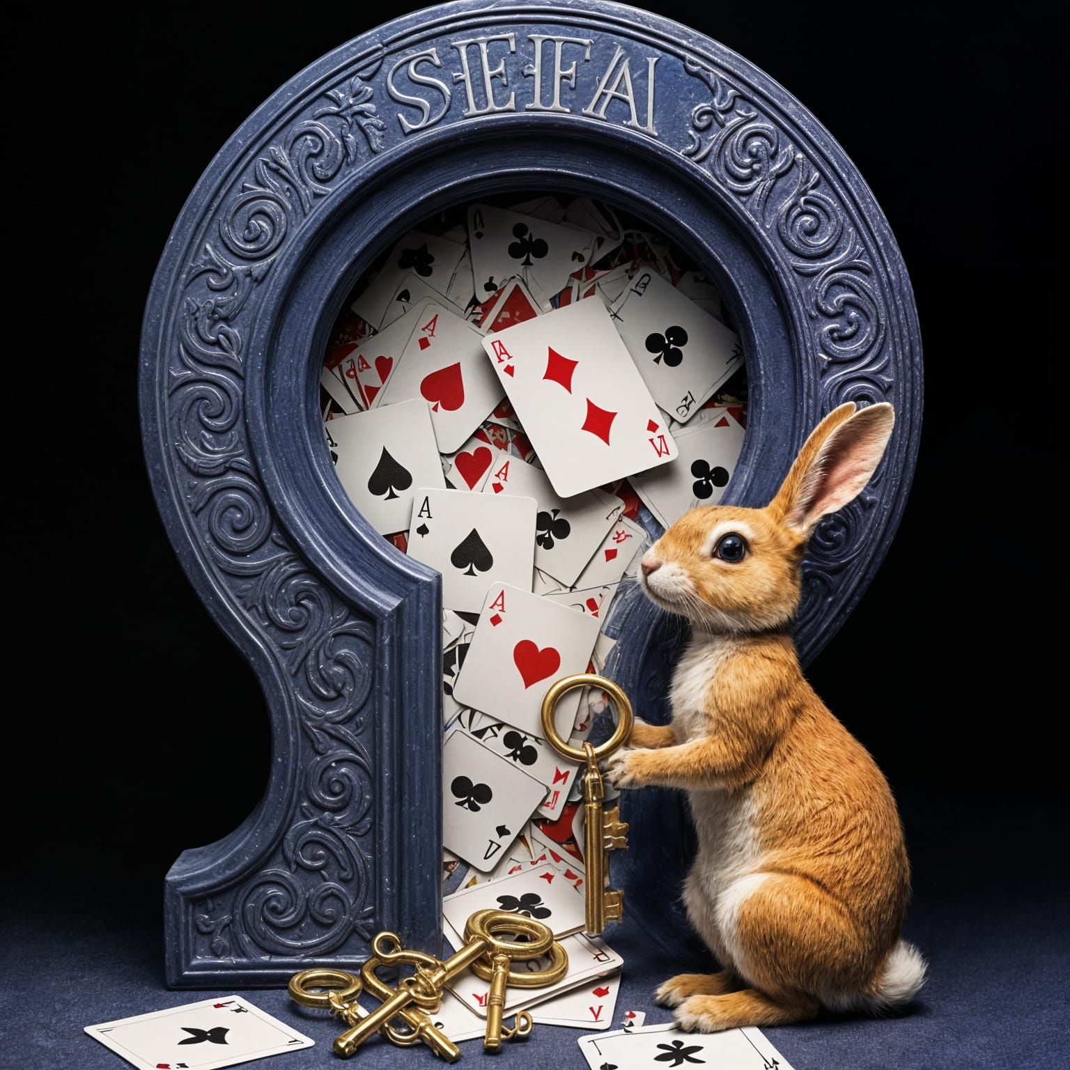 Keyhole Filled with Cards and Rabbit Holding Keys