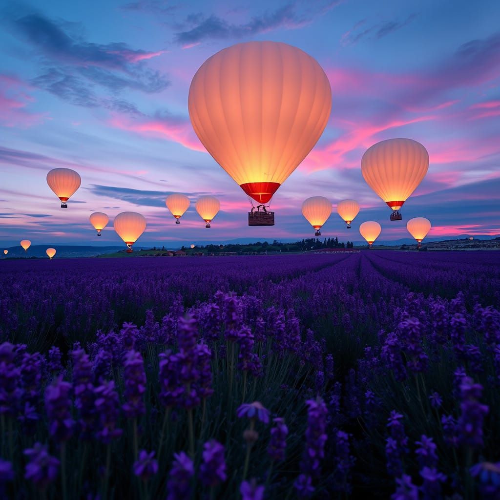 Surreal Lavender Field with Glowing Hot Air Balloons at Dusk