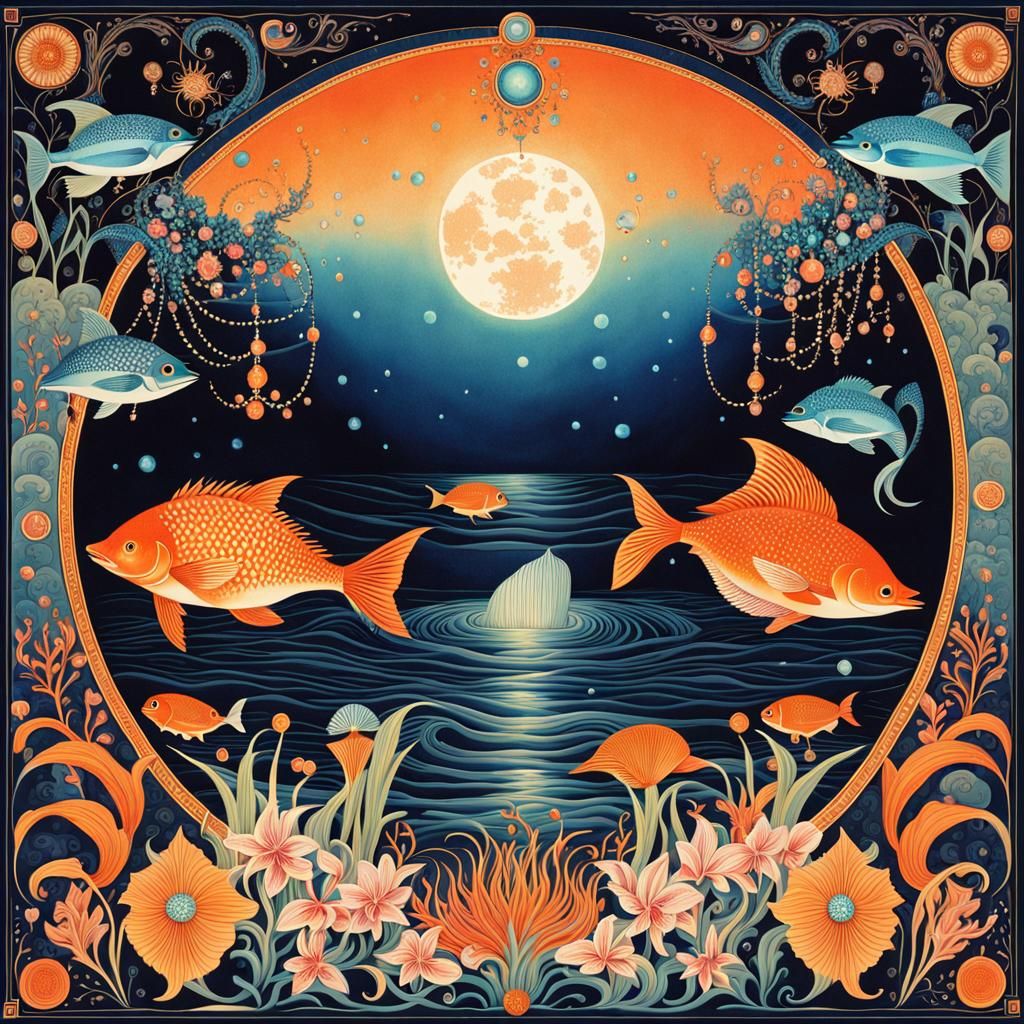 Opalescent Nocturnal Ocean with Nautical Objects