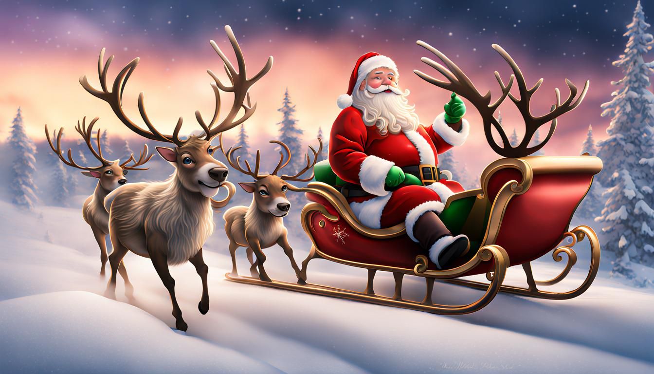 Reindeer Celebrate Christmas Sleigh Run Under Aurora