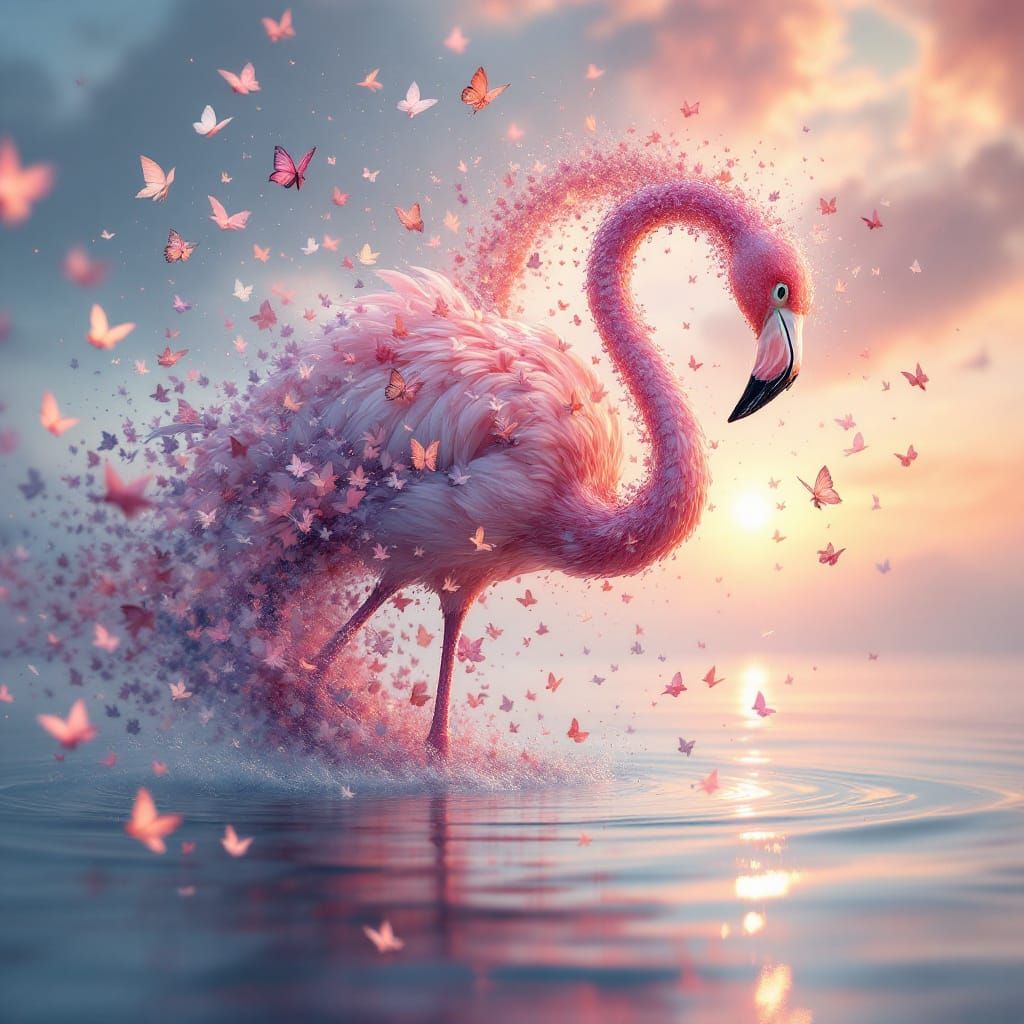 Flamingo Emerges From Butterfly Cloud Abstract Surreal Illus...