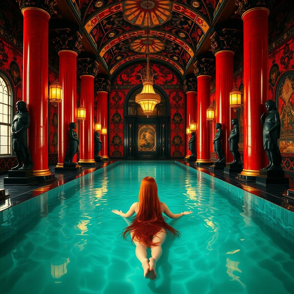 Art Deco Hall with Red-Haired Swimmer