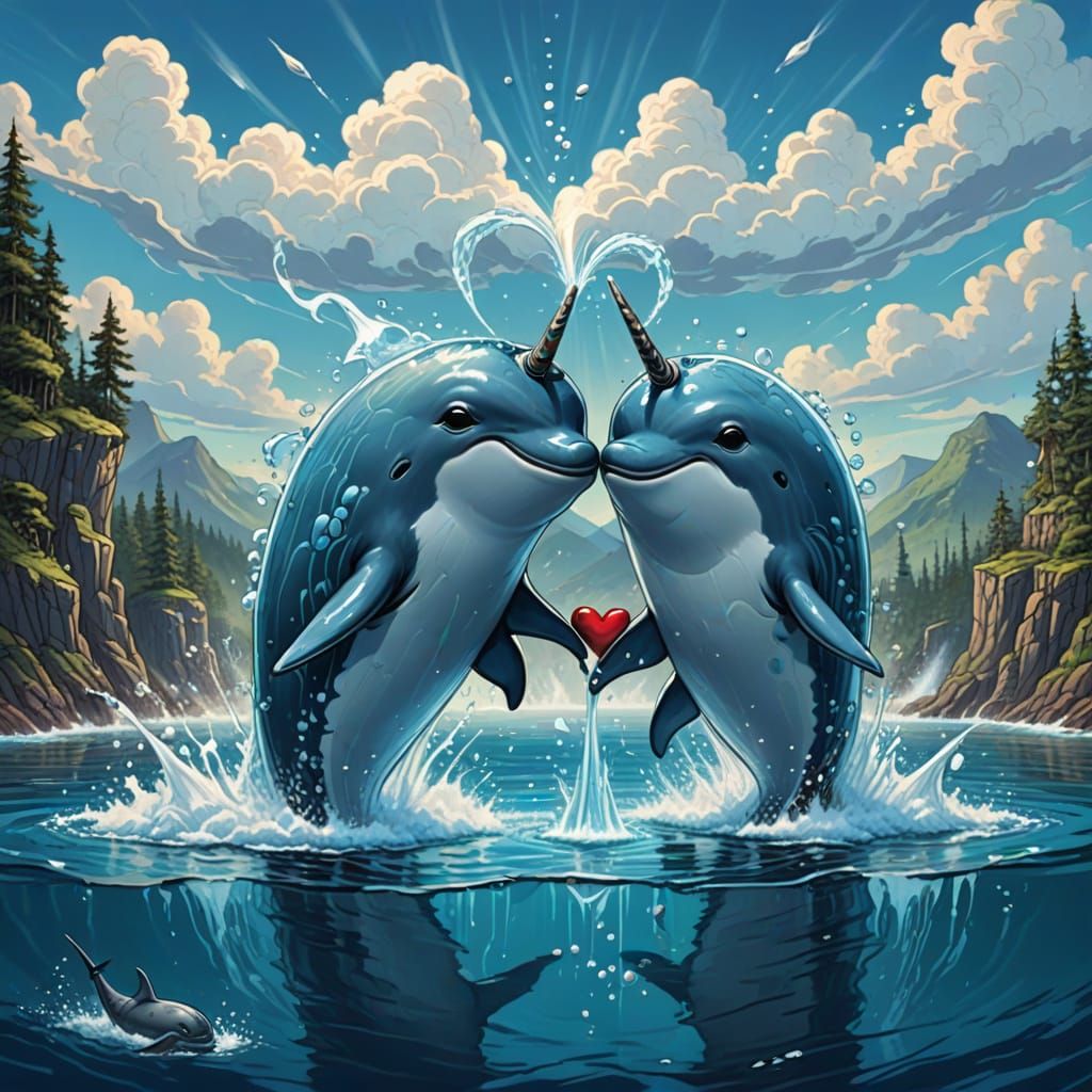 Two narwhals spraying water through blowhole that is shaped like a heart, disney style, cute and majestic