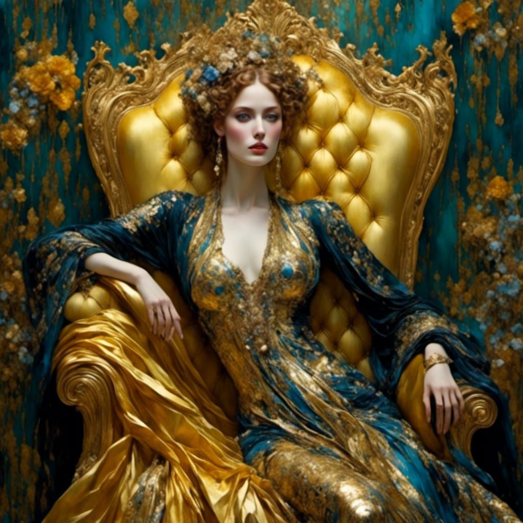 Magnificent Woman on Golden Throne in Klimt Style