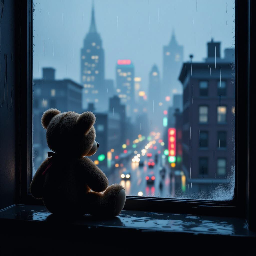Weathered Teddy Bear Gazes at Neon Cityscape in Mist