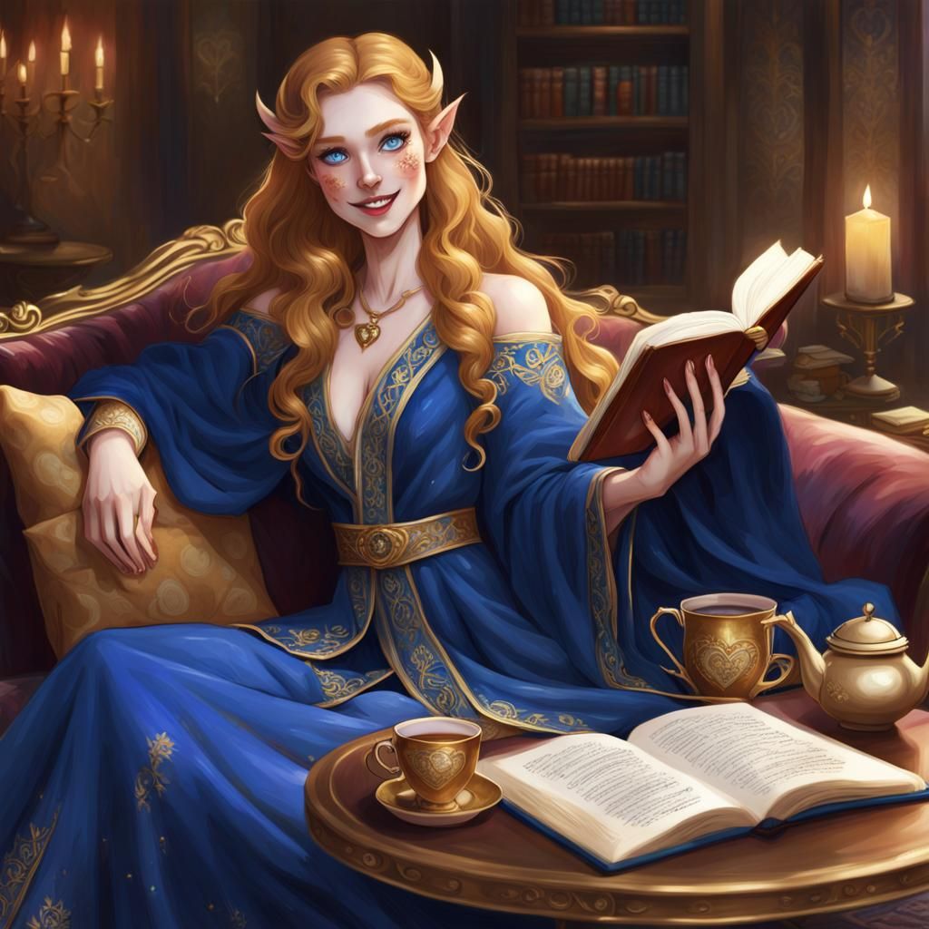 Fae Female Lounging with Book in Fantasy Style