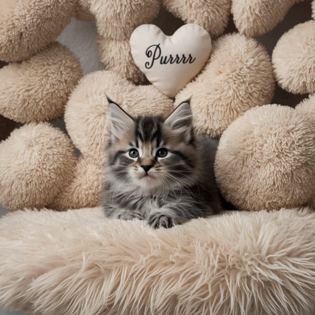 Fluffy Kitten Relaxing on Cozy Pillow with "Purrrr"