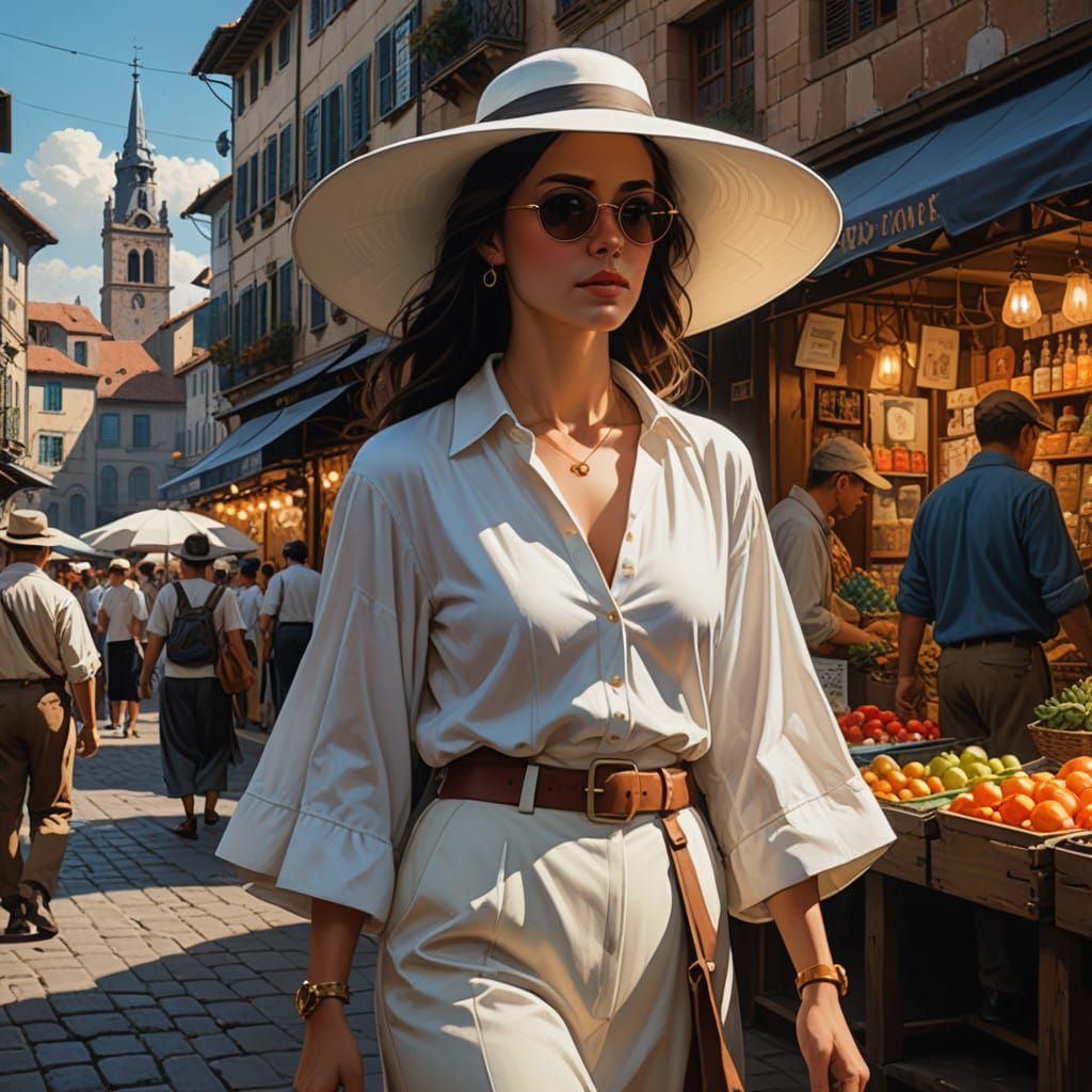 Elegant Lady Amidst Medieval Market in Vibrant Plaza de la Q...