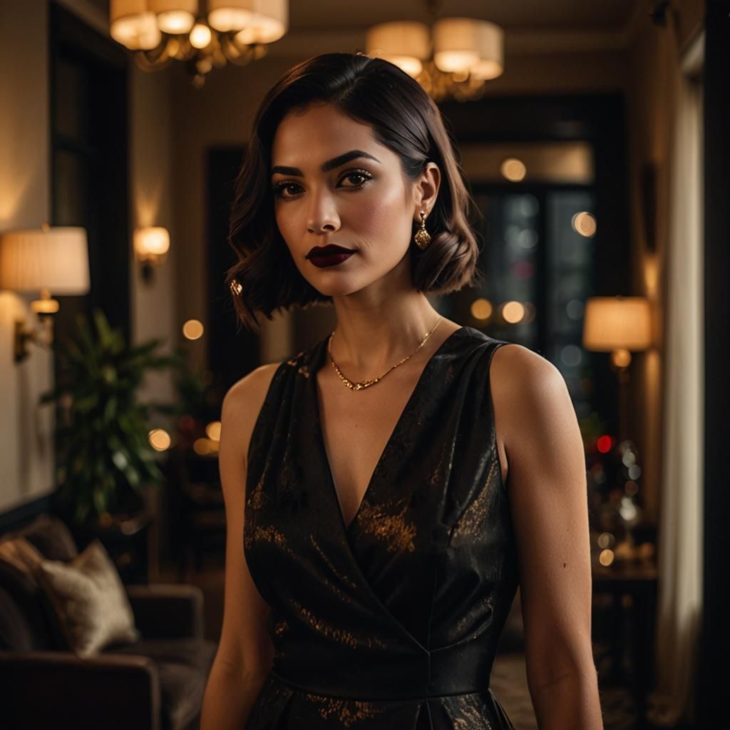 Elegant Woman in Black Dress, Realistic Portrait Photography