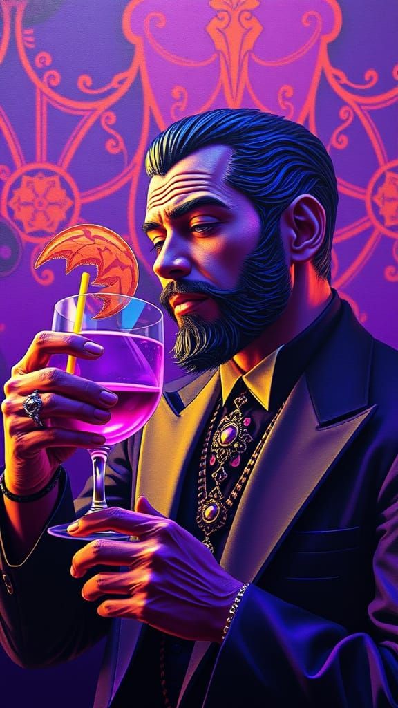 Man drinking a Electric Purple Haze Cocktail Moebius contras...