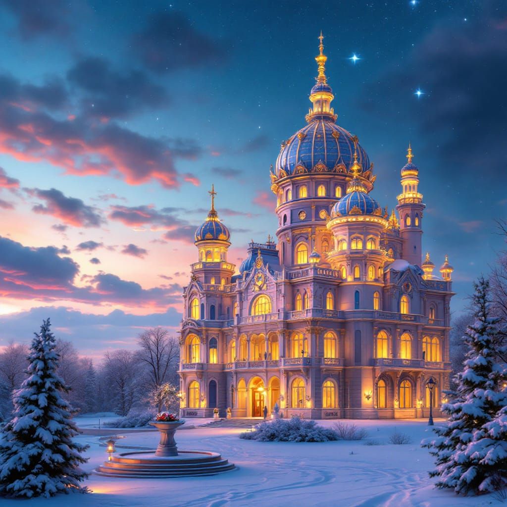 Crystal Palace Shimmers in Winter Evening Sky