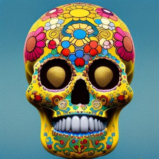 Gold and Red Sugar Skull in Pop Japonisme Style