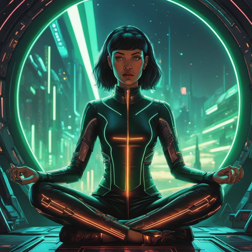 Meditative Futuristic Starship Officer in Cyberpunk Landscap...