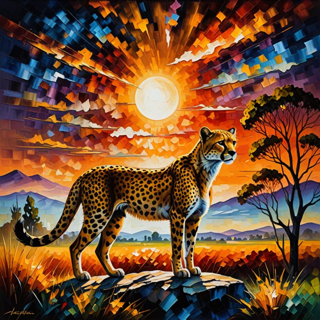Cheetah in Eclipse Shadow: Art Deco Oil Painting