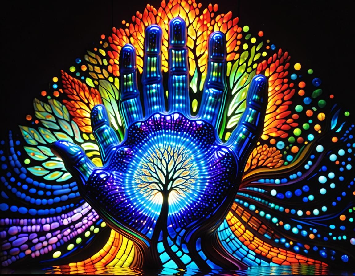 Bioluminescent Dot Art Reflecting Hands in Water