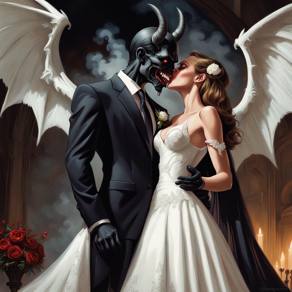 Sinister Angel and Demon Kissing in Darkness