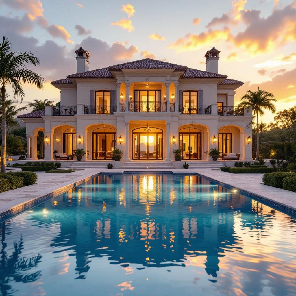 Luxurious Mansion with Pool at Sunset