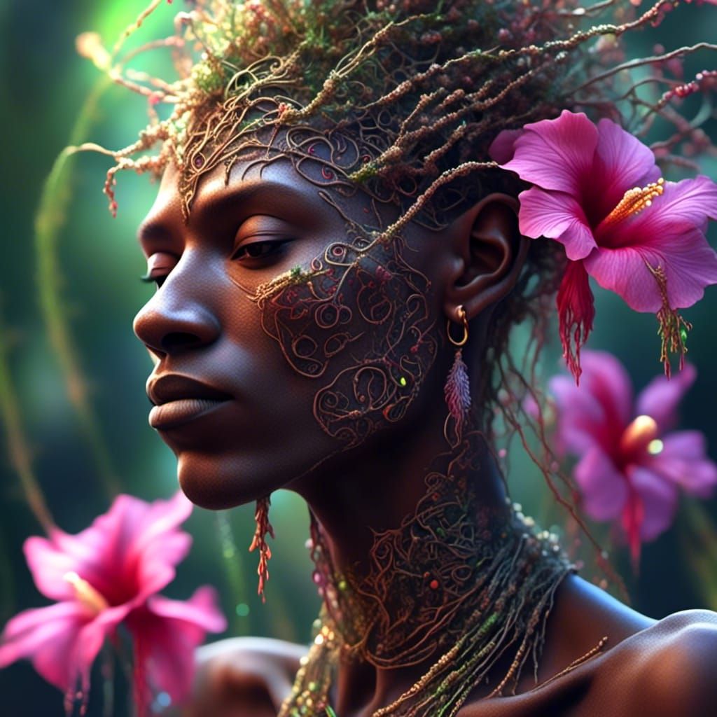 Bioluminescent Fractal Garden Shaman in Photorealistic Style