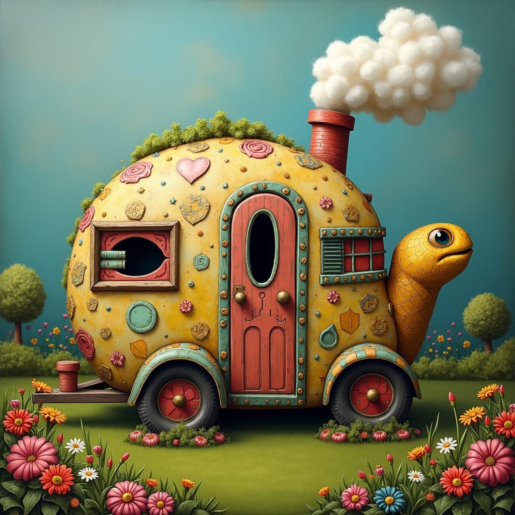 Turtle Camper in Whimsical, Fantastical Style