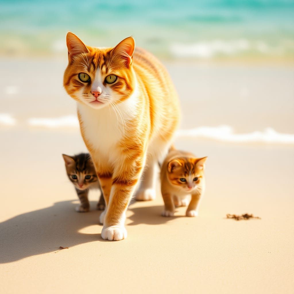Cat and Kittens Stroll on Sun-Kissed Beach