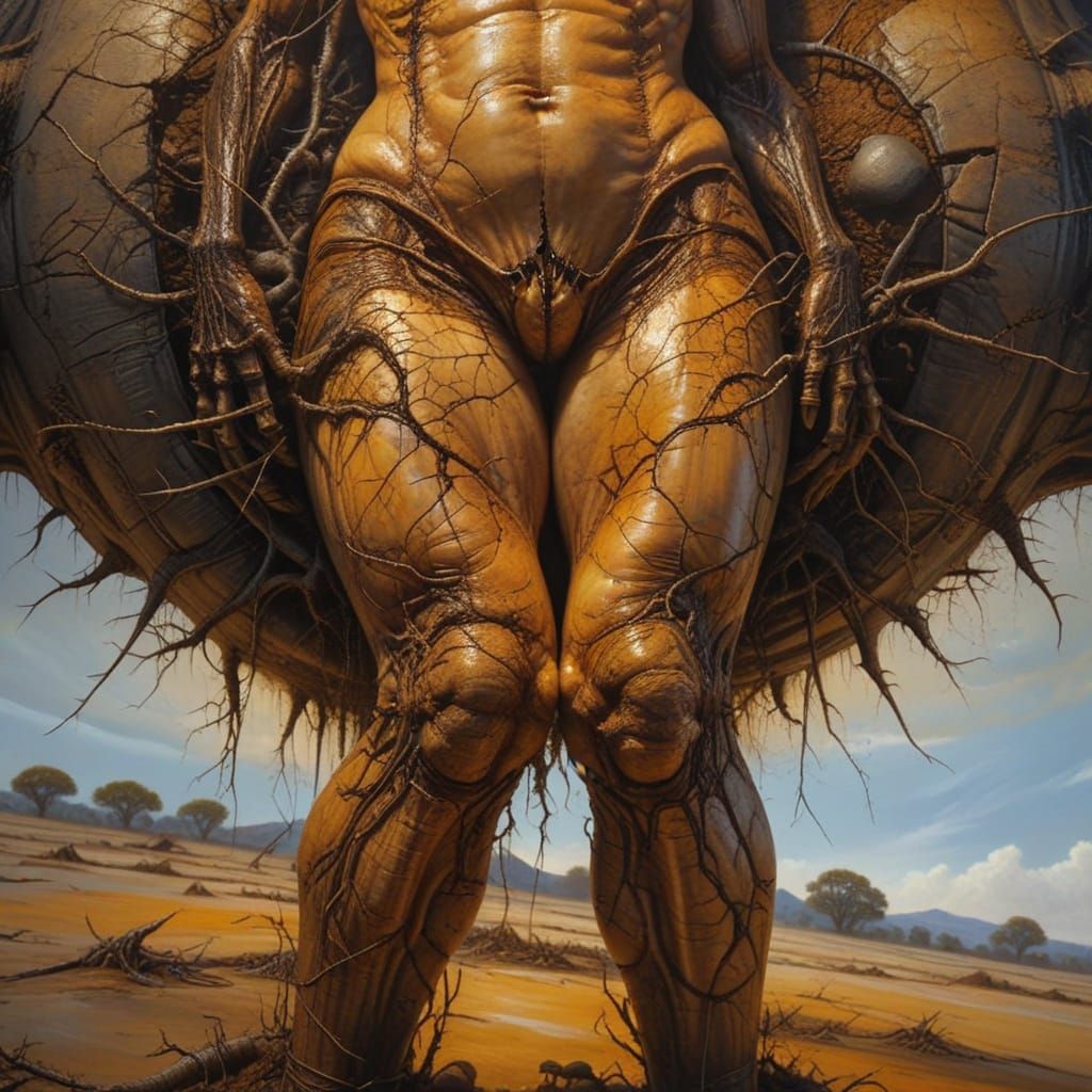 Surreal Man Buried in Earth as Oil Painting