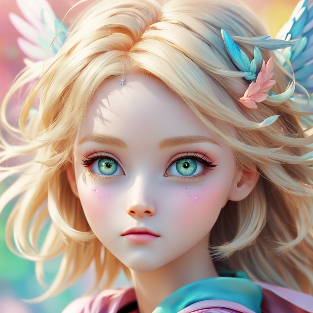 Kawaii Woman with Cosmetic Wings in Pastel Colors